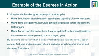 Example of the Degrees in Action
In a long-term bull market (grand supercycle or supercycle):
 Wave 1 could span several decades, signaling the beginning of a new market era.
 Wave 3 (the strongest impulse) would generate large rallies across the economy,
lasting years.
 Wave 5 would mark the end of this bull market cycle before the market transitions
into a correction phase (Wave A, B, C of a larger cycle).
By identifying the wave in which a stock or market index is currently moving, traders
can plan for better entries, manage risk, and capitalize on both long-term trends and
short-term fluctuations.
This Content is Copyright Reserved Rights Copyright 2025@PTAIndia
 