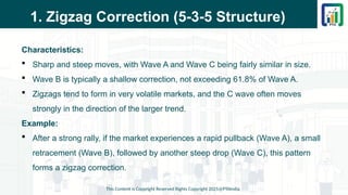 1. Zigzag Correction (5-3-5 Structure)
Characteristics:
 Sharp and steep moves, with Wave A and Wave C being fairly similar in size.
 Wave B is typically a shallow correction, not exceeding 61.8% of Wave A.
 Zigzags tend to form in very volatile markets, and the C wave often moves
strongly in the direction of the larger trend.
Example:
 After a strong rally, if the market experiences a rapid pullback (Wave A), a small
retracement (Wave B), followed by another steep drop (Wave C), this pattern
forms a zigzag correction.
This Content is Copyright Reserved Rights Copyright 2025@PTAIndia
 