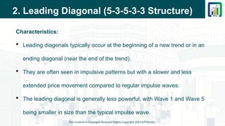 2. Leading Diagonal (5-3-5-3-3 Structure)
Characteristics:
 Leading diagonals typically occur at the beginning of a new trend or in an
ending diagonal (near the end of the trend).
 They are often seen in impulsive patterns but with a slower and less
extended price movement compared to regular impulse waves.
 The leading diagonal is generally less powerful, with Wave 1 and Wave 5
being smaller in size than the typical impulse wave.
This Content is Copyright Reserved Rights Copyright 2025@PTAIndia
 