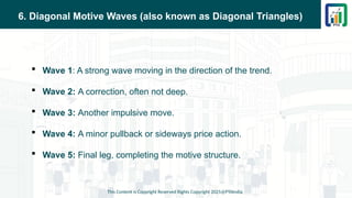 6. Diagonal Motive Waves (also known as Diagonal Triangles)
 Wave 1: A strong wave moving in the direction of the trend.
 Wave 2: A correction, often not deep.
 Wave 3: Another impulsive move.
 Wave 4: A minor pullback or sideways price action.
 Wave 5: Final leg, completing the motive structure.
This Content is Copyright Reserved Rights Copyright 2025@PTAIndia
 