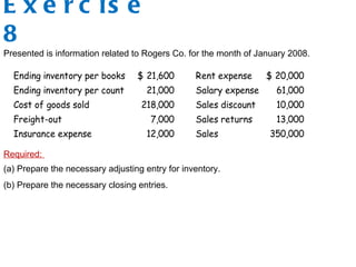 Presented is information related to Rogers Co. for the month of January 2008.
Ending inventory per books 21,600$ Rent expense 20,000$
Ending inventory per count 21,000 Salary expense 61,000
Cost of goods sold 218,000 Sales discount 10,000
Freight-out 7,000 Sales returns 13,000
Insurance expense 12,000 Sales 350,000
Required:
(a) Prepare the necessary adjusting entry for inventory.
(b) Prepare the necessary closing entries.
E x e r c is e
8
 