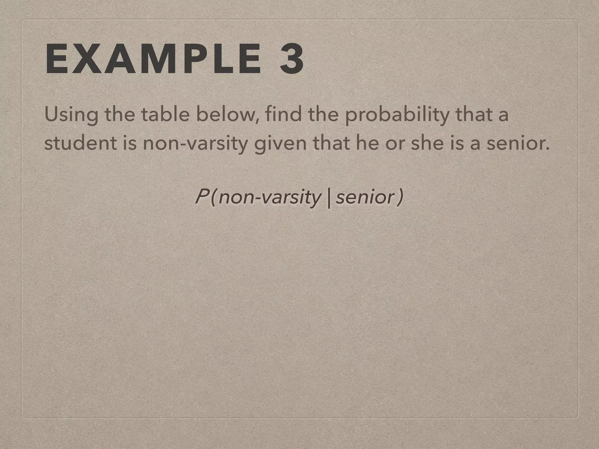 EXAMPLE 3
Using the table below, ﬁnd the probability that a
student is non-varsity given that he or she is a senior.
P (non-varsity | senior)
 