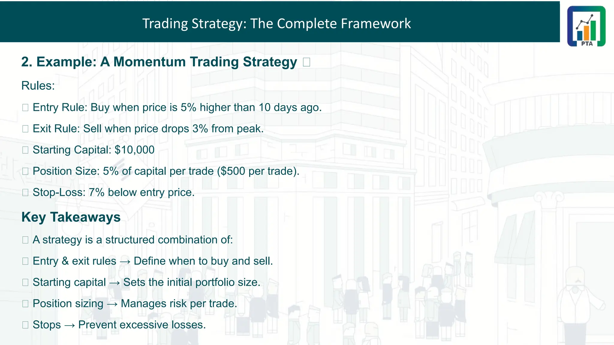 Trading Strategy: The Complete Framework
2. Example: A Momentum Trading Strategy 🚀
Rules:
✅ Entry Rule: Buy when price is 5% higher than 10 days ago.
✅ Exit Rule: Sell when price drops 3% from peak.
✅ Starting Capital: $10,000
✅ Position Size: 5% of capital per trade ($500 per trade).
✅ Stop-Loss: 7% below entry price.
Key Takeaways
📌 A strategy is a structured combination of:
✅ Entry & exit rules → Define when to buy and sell.
✅ Starting capital → Sets the initial portfolio size.
✅ Position sizing → Manages risk per trade.
✅ Stops → Prevent excessive losses.
 