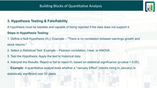 Building Blocks of Quantitative Analysis
3. Hypothesis Testing & Falsifiability
A hypothesis must be testable and capable of being rejected if the data does not support it.
Steps in Hypothesis Testing:
1. Define a Null Hypothesis (H ): Example – "There is no correlation between earnings growth and
₀
stock returns."
2. Select a Statistical Test: Example – Pearson correlation, t-test, or ANOVA.
3. Test the Hypothesis: Apply the test to historical data.
4. Interpret the Results: Reject or fail to reject H based on statistical significance (p-value < 0.05).
₀
💡 Example: A quantitative analyst tests whether a "January Effect" (stocks rising in January) is
statistically significant over 50 years.
 