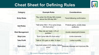 Cheat Sheet for Defining Rules
This Content is Copyright Reserved Rights Copyright 2025@PTAIndia
Category Example Rules Considerations
Entry Rules
"Buy when the 50-day MA crosses
above the 200-day MA."
Trend-following confirmation.
Exit Rules
"Sell when RSI > 70 or price drops
5% from entry."
Protects gains, avoids deep
pullbacks.
Risk Management
"Max risk per trade = 2% of
portfolio."
Avoids catastrophic losses.
Stop-Loss "Exit if price falls 8% from entry." Limits downside.
Take Profit "Sell at 15% gain or after 10 days." Locks in profits.
Execution
"Use limit orders 0.5% below market
price."
Reduces slippage and improves fills.
 