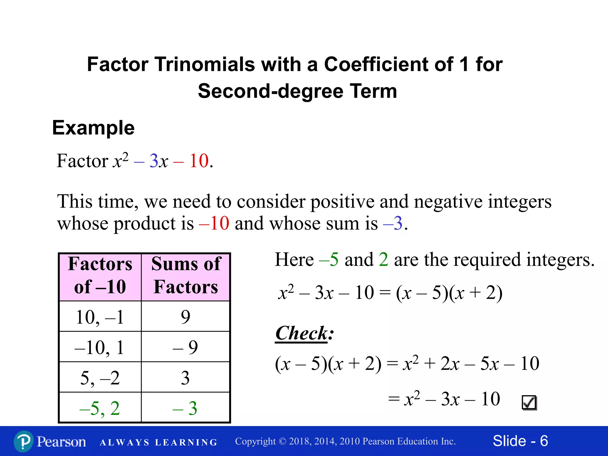 Slide - 6Copyright © 2018, 2014, 2010 Pearson Education Inc.A L W A Y S L E A R N I N G
Example
Factor x2 – 3x – 10.
This time, we need to consider positive and negative integers
whose product is –10 and whose sum is –3.
Factors
of –10
Sums of
Factors
10, –1 9
–10, 1 – 9
5, –2 3
–5, 2 – 3
Here –5 and 2 are the required integers.
x2 – 3x – 10 = (x – 5)(x + 2)
Check:
(x – 5)(x + 2) = x2 + 2x – 5x – 10
= x2 – 3x – 10
Factor Trinomials with a Coefficient of 1 for
Second-degree Term
 
