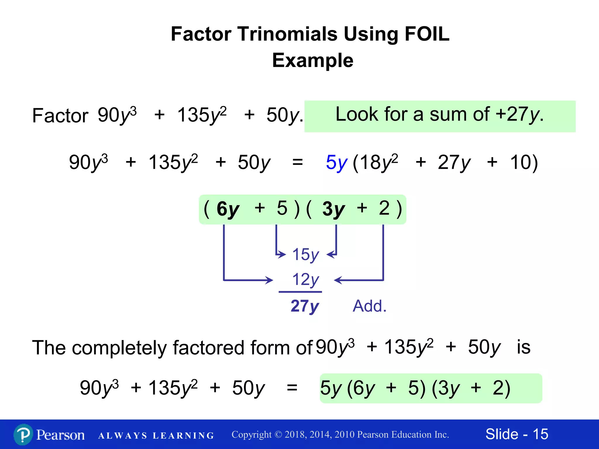 Slide - 15Copyright © 2018, 2014, 2010 Pearson Education Inc.A L W A Y S L E A R N I N G
Factor Trinomials Using FOIL
Example
Add.
( + 5 ) ( + 2 )6y 3y
12y
15y
27y
Check by multiplying.Look for a sum of +27y.Factor 90y3 + 135y2 + 50y.
90y3 + 135y2 + 50y = 5y (18y2 + 27y + 10)
The completely factored form of 90y3 + 135y2 + 50y is
90y3 + 135y2 + 50y = 5y (6y + 5) (3y + 2)
 