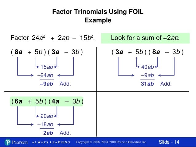 Section 13.4 factoring trinomials using the foil method