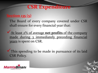 CSR Expenditure
Section 135 (5)
The Board of every company covered under CSR
shall ensure for every financial year that:
At least 2% of average net profits of the company
made during 3 immediately preceding financial
years is spent on CSR.
This spending to be made in pursuance of its laid
CSR Policy.
 