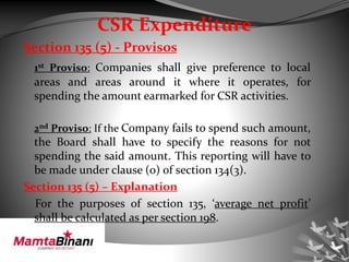 CSR Expenditure
Section 135 (5) - Provisos
1st Proviso: Companies shall give preference to local
areas and areas around it where it operates, for
spending the amount earmarked for CSR activities.
2nd Proviso: If the Company fails to spend such amount,
the Board shall have to specify the reasons for not
spending the said amount. This reporting will have to
be made under clause (o) of section 134(3).
Section 135 (5) – Explanation
For the purposes of section 135, ‘average net profit’
shall be calculated as per section 198.
 