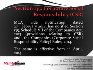 Room No.6, 4th Floor, Commerce House
2A, Ganesh Chandra Avenue, Kolkata 700013
Connect me @ : (033) 3028 8955-57; (033) 3002 5630-33; 98310 99551
mamtab@mamtabinani.com
Visit me @ : www.mamtabinani.com
MCA vide notification dated
27th February 2014, has notified Section
135, Schedule VII of the Companies Act,
2013 (provisions relating to CSR)
and the Companies (Corporate Social
Responsibility Policy) Rules, 2014.
The same is effective from 1st April,
2014.
 