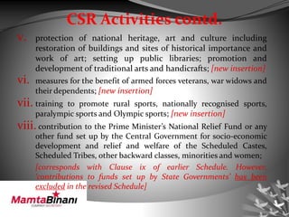 CSR Activities contd.
v. protection of national heritage, art and culture including
restoration of buildings and sites of historical importance and
work of art; setting up public libraries; promotion and
development of traditional arts and handicrafts; [new insertion]
vi. measures for the benefit of armed forces veterans, war widows and
their dependents; [new insertion]
vii. training to promote rural sports, nationally recognised sports,
paralympic sports and Olympic sports; [new insertion]
viii.contribution to the Prime Minister’s National Relief Fund or any
other fund set up by the Central Government for socio-economic
development and relief and welfare of the Scheduled Castes,
Scheduled Tribes, other backward classes, minorities and women;
[corresponds with Clause ix of earlier Schedule. However,
‘contributions to funds set up by State Governments’ has been
excluded in the revised Schedule]
 