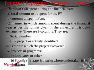 Format of Reporting – Annexure (contd)
Details of CSR spent during the financial year:
a) total amount to be spent for the FY
b) amount unspent, if any
c) manner in which amount spent during the financial
year as per the format given in the annexure. It is quite
exhaustive. There are 8 columns. They are:
i. Serial number
ii. CSR project or activity identified
iii. Sector in which the project is covered
iv. Projects or programs:
a) Local area or other
b) Specify the state & district where undertaken from
 