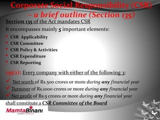 Corporate Social Responsibility (CSR)
– a brief outline (Section 135)
Section 135 of the Act mandates CSR
It encompasses mainly 5 important elements:
• CSR Applicability
• CSR Committee
• CSR Policy & Activities
• CSR Expenditure
• CSR Reporting
135(1): Every company with either of the following 3:
 Net worth of Rs.500 crores or more during any financial year
Turnover of Rs.1000 crores or more during any financial year
Net profit of Rs.5 crores or more during any financial year
shall constitute a CSR Committee of the Board
 