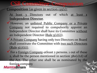 CSR Committee-Composition
Composition (as given in section 135(1):
At least 3 Directors out of which at least 1
Independent Director.
However, an unlisted Public Company or a Private
Company not required to compulsorily appoint an
Independent Director shall have its Committee without
an Independent Director (Rule 5(1)(i)).
A Private Company having only two Directors on Board
shall constitute the Committee with two such Directors
(Rule 5(1)(ii)).
For a Foreign Company-atleast 2 persons. 1 out of these
2, shall be the person mentioned in section 380(1)(d) of
the Act. The other one shall be as nominated by the
foreign company
 