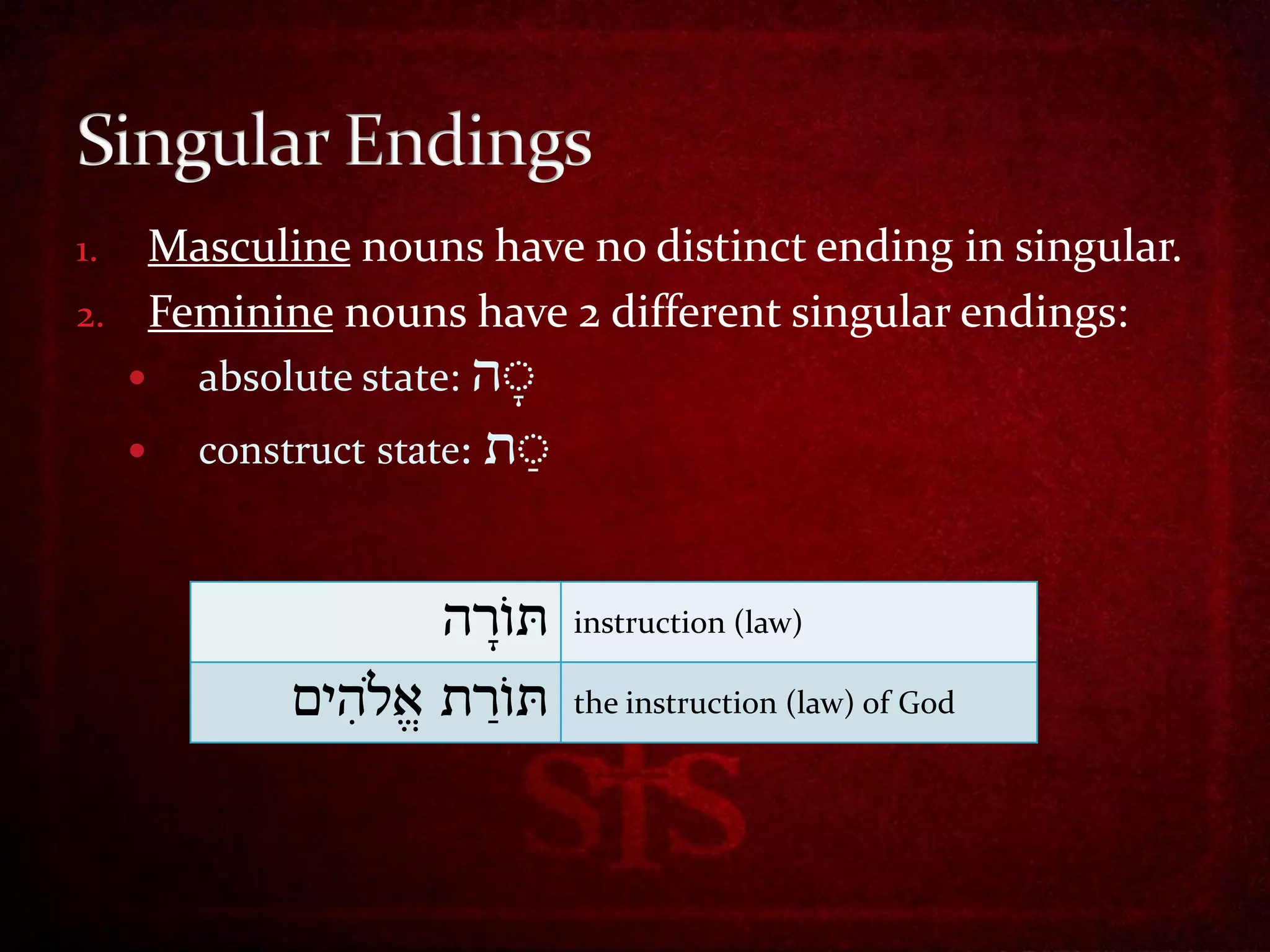 1. Masculine nouns have no distinct ending in singular.
2. Feminine nouns have 2 different singular endings:
        absolute state: ‫ָה‬
        construct state: ‫ָת‬



                       ‫ּתורה‬   instruction (law)

              ‫ּתורתָּאהֹלהים‬
               ָּ ִ ָּ         the instruction (law) of God
 