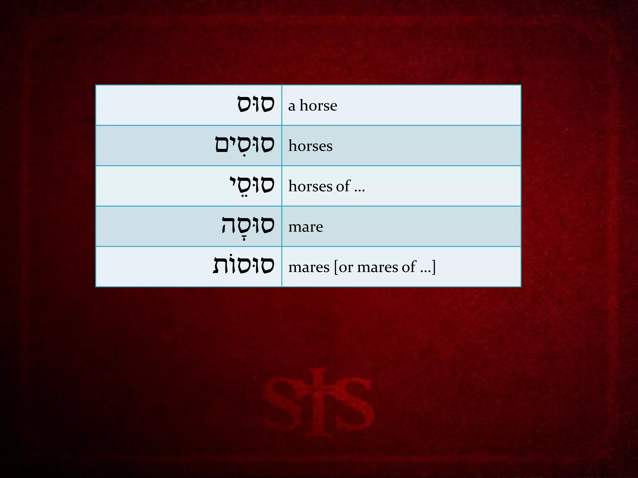 ‫סּוס‬   a horse

‫סּוסים‬
  ָּ ִ     horses

  ‫סּוסי‬    horses of …

 ‫סּוסה‬     mare

‫סּוסות‬     mares [or mares of …]
 