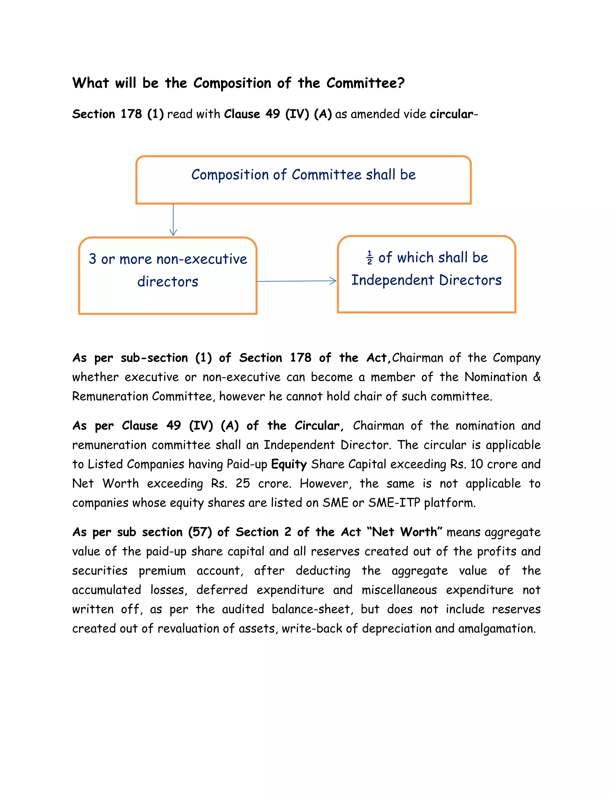 What will be the Composition of the Committee? 
Section 178 (1) read with Clause 49 (IV) (A) as amended vide circular- 
Composition of Committee shall be 
3 or more non-executive 
directors 
½ of which shall be 
Independent Directors 
As per sub-section (1) of Section 178 of the Act,Chairman of the Company 
whether executive or non-executive can become a member of the Nomination & 
Remuneration Committee, however he cannot hold chair of such committee. 
As per Clause 49 (IV) (A) of the Circular, Chairman of the nomination and 
remuneration committee shall an Independent Director. The circular is applicable 
to Listed Companies having Paid-up Equity Share Capital exceeding Rs. 10 crore and 
Net Worth exceeding Rs. 25 crore. However, the same is not applicable to 
companies whose equity shares are listed on SME or SME-ITP platform. 
As per sub section (57) of Section 2 of the Act “Net Worth” means aggregate 
value of the paid-up share capital and all reserves created out of the profits and 
securities premium account, after deducting the aggregate value of the 
accumulated losses, deferred expenditure and miscellaneous expenditure not 
written off, as per the audited balance-sheet, but does not include reserves 
created out of revaluation of assets, write-back of depreciation and amalgamation. 
 