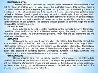 • ADHERENS JUNCTION
Adherens junction is the cell to cell junction, which connects the actin filaments of one
cell to those of another cell. In some places like epithelial linings, this junction forms a
continuous adhesion (zonula adherens) just below the tight junctions. In adherens junction, the
membranes of the adjacent cells are held together by some transmembrane proteins called
cadherins. Adherens junction provides strong mechanical attachments of the adjacent cells.
Adherens junction is present in the intercalated disks between the branches of cardiac muscles.
During the contractions and relaxation of heart, the cardiac muscle fibers are held together
tightly by means of this junction. The adherens junction present in epidermis helps the skin to
withstand the mechanical stress.
• FOCAL ADHESION
Focal adhesion is the cell to matrix junctions, which connects the actin filaments of
the cell to the extracellular matrix. In epithelia of various organs, this junction connects the cells
with their basal lamina. The transmembrane proteins, which hold the cell membrane and the
matrix are called integrins.
• DESMOSOME
Desmosome is a cell to cell junction, where the intermediate filaments connect two
adjacent cells. Desmosome is also called macula adherens. The membranes of two adjacent cells,
which oppose each other, are thickened and become spot-like patches. Intermediate filaments are
attached with the thickened patches. Some of these filaments are parallel to the membrane and
others are arranged in radiating fashion. Desmosomes function like tight junctions. The
transmembrane proteins involved in desmosome are mainly cadherins.
• HEMIDESMOSOME
Hemidesmosome is a cell to matrix junction, which connects the intermediate
filaments of the cell to the extracellular matrix. This type of cell junction is like half desmosome
and the thickening of membrane of only one cell occurs. So, this is known as hemidesmosome or
half desmosome. Mostly, the hemidesmosome connects the cells with their basal lamina. The
proteins involved in this are integrins (Table 2.1).
 