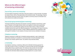 What	
  are	
  the	
  diﬀerent	
  types	
  
of	
  mentoring	
  rela@onship?	
  
	
  
Face-­‐to-­‐face,	
  one-­‐to-­‐one	
  mentoring	
  
	
  
The vast majority of mentoring is done face to face and usually on a one-to-one basis. This allows
the mentor to focus 100% on the opportunities of the individual mentee. The advantage of face-to-
face individual mentoring is that the mentor can gather an enormous amount of information from
both verbal and non-verbal communication.


Face-­‐to-­‐face	
  group	
  mentoring	
  (peer	
  mentoring)	
  
	
   type of mentoring is becoming more popular in business mentoring. In this format, a small
This
group of between six and eight business owners come together to discuss their opportunities.
The group acts as a sounding board, taking on the role of peer mentor, to help its individual
members examine their issues from different perspectives. The advantage of this type of mentoring
is that the group of peers can provide a number of different experiences and viewpoints to help
and support its members. In such situations, the actual mentor acts as a facilitator to the group.


Telephone	
  mentoring	
  
	
  
Telephone mentoring is usually part of a blended mentoring approach, used in tandem with
face-to-face mentoring. It is provided on a one-to-one basis, so has the advantage of being
focused on the mentee’s specific issues. This method is also extremely flexible.


e-­‐mentoring	
  
	
  
Like telephone mentoring, e-mentoring is often part of a blended mentoring approach but
it can also be used on its own. It is provided on a one-to-one basis and has the advantage
of being able to focus on specific issues. The mentee can also provide a lot more written
information than with other types of mentoring, which may allow the mentor more time
to consider the information before deciding on potential options for a course of action.
 