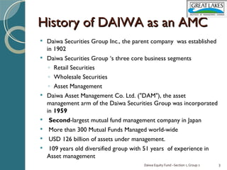 History of DAIWA as an AMC
   Daiwa Securities Group Inc., the parent company was established
    in 1902
   Daiwa Securities Group ‘s three core business segments
     ◦ Retail Securities
     ◦ Wholesale Securities
     ◦ Asset Management
   Daiwa Asset Management Co. Ltd. ("DAM"), the asset
    management arm of the Daiwa Securities Group was incorporated
    in 1959
    Second-largest mutual fund management company in Japan
    More than 300 Mutual Funds Managed world-wide
    USD 126 billion of assets under management.
    109 years old diversified group with 51 years of experience in
    Asset management
                                       Daiwa Equity Fund –Section 1, Group 2   3
 