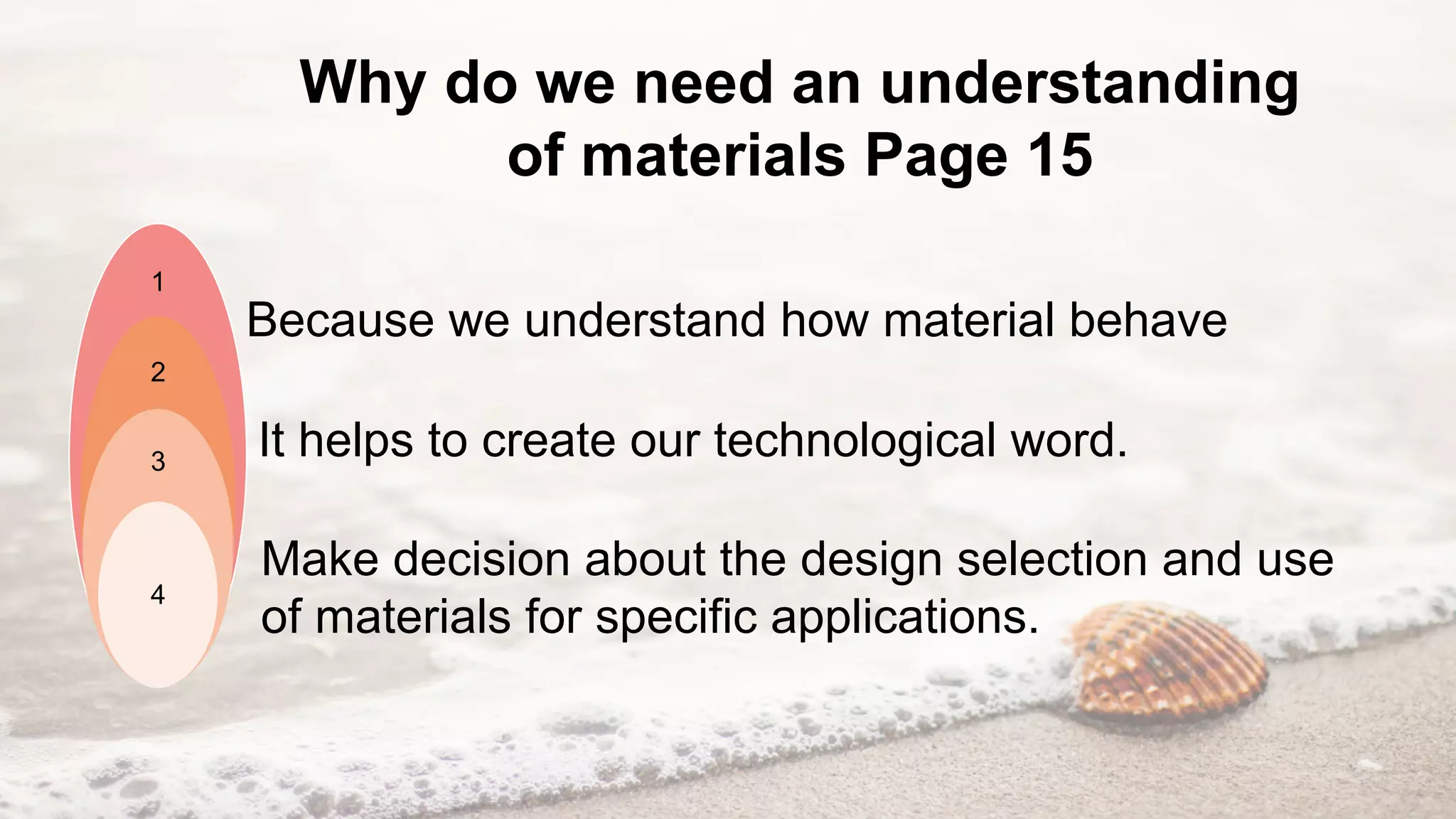 1
2
3
4
Because we understand how material behave
It helps to create our technological word.
Make decision about the design selection and use
of materials for specific applications.
Why do we need an understanding
of materials Page 15
 
