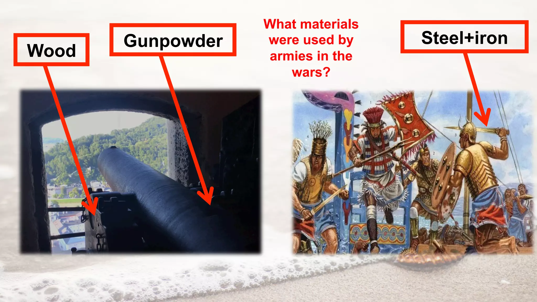 Wood
Steel+ironGunpowder
What materials
were used by
armies in the
wars?
 