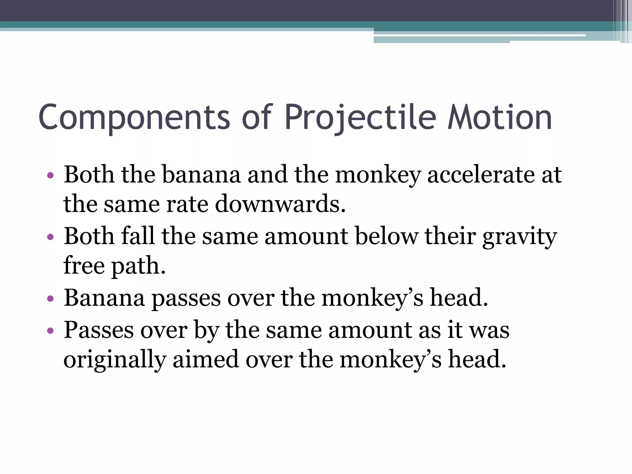 Components of Projectile MotionBoth the banana and the monkey accelerate at the same rate downwards.Both fall the same amount below their gravity free path.Banana passes over the monkey’s head.Passes over by the same amount as it was originally aimed over the monkey’s head.