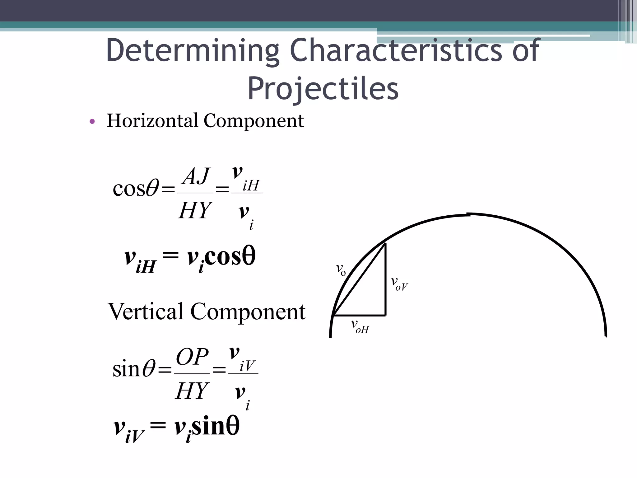 Determining Characteristics of ProjectilesHorizontal ComponentviH = vicosVertical ComponentviV = visin