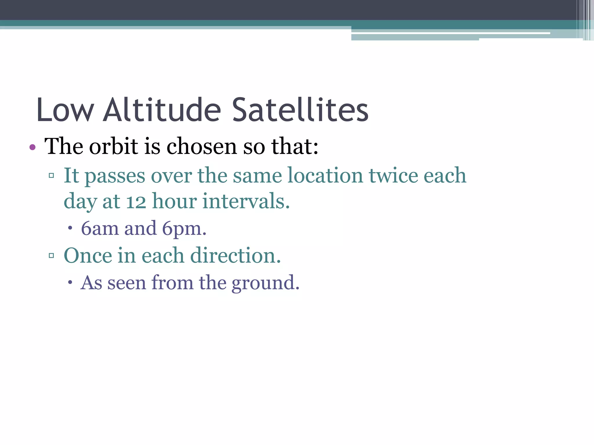 Satellites in Circular OrbitsSpeed is also given by the equation:In one revolution,Orbiting satellite moves a distance equivalent to the circumference of the circular path it is following.              2r The time it takes for this revolution:           Period (T). Hence;