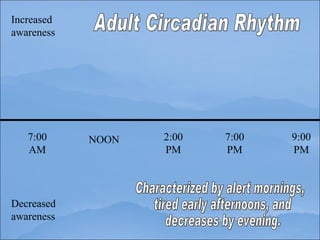 Increased awareness Decreased awareness 7:00 AM NOON 2:00 PM 7:00 PM 9:00 PM Adult Circadian Rhythm Characterized by alert mornings, tired early afternoons, and decreases by evening. 