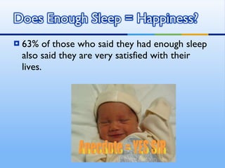 63% of those who said they had enough sleep also said they are very satisfied with their lives. Anecdote = YES SIR 