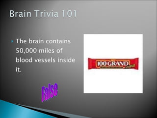 The brain contains 50,000 miles of blood vessels inside it. False 