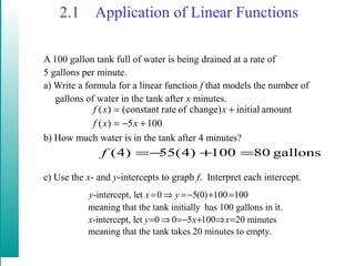 2.1 Application of Linear Functions
A 100 gallon tank full of water is being drained at a rate of
5 gallons per minute.
a) Write a formula for a linear function f that models the number of
gallons of water in the tank after x minutes.
b) How much water is in the tank after 4 minutes?
c) Use the x- and y-intercepts to graph f. Interpret each intercept.
1005)(
amountinitialchange)ofrateconstant()(
+−=
+=
xxf
xxf
gallons80100)4(55)4( =+−=f
-intercept, let 0 5(0) 100 100
meaning that the tank initially has 100 gallons in it.
-intercept, let 0 0 5 100 20 minutes
meaning that the tank takes 20 minutes to empty.
y x y
x y x x
= ⇒ =− + =
= ⇒ =− + ⇒ =
 