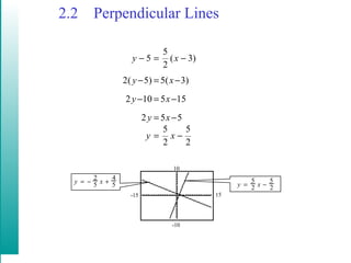 5
5 ( 3)
2
2( 5) 5( 3)
2 10 5 15
2 5 5
5 5
2 2
y x
y x
y x
y x
y x
− = −
− = −
− = −
= −
= −
2.2 Perpendicular Lines
-15
10
-10
15
5 5
2 2y x= −
2 4
5 5y x= − +
 