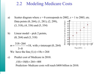 2.2 Modeling Medicare Costs
a) Scatter diagram where x = 0 corresponds to 2002, x = 1 to 2003, etc.
Data points (0, 264), (1, 281), (2, 299),
(3, 318), (4, 336) and (5, 354)
b) Linear model – pick 2 points,
(0, 264) and (3, 318)
c) Predict cost of Medicare in 2010.
318 264
18, with -intercept (0, 264)
3 0
We have the line ( ) 18 264
m y
f x x
−
= =
−
= +
(8) 18(8) 264 408
Prediction- Medicare costs will reach $408 billion in 2010.
f = + =
 