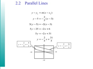 2.2 Parallel Lines
5
31
5
2
3125
62255
)3(2)5(5
)3(
5
2
5
)( 11
+−=
+−=
+−=−
−−=−
−−=−
−=−
xy
xy
xy
xy
xy
xxmyy
10-10
-10
10
5
4
5
2
+−= xy
5
31
5
2
+−= xy
 