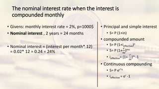 The nominal interest rate when the interest is
compounded monthly
• Givens: monthly interest rate = 2%, p=1000$
• Nominal interest , 2 years = 24 months
• Nominal interest = (interest per month* 12)
= 0.02* 12 = 0.24 = 24%
• Principal and simple interest
• S= P (1+in)
• compounded amount
• S= P (1+ieffective)n
• S= P (1+
𝑟
𝑚
)mn
• ieffective= (1+
𝑟
𝑚
)m -1
• Continuous compounding
• S= P er*n
• ieffective = er -1
 