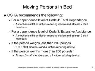 Elsevier items and derived items © 2014, 2010 by Mosby, an imprint of Elsevier Inc. All rights reserved.
Moving Persons in Bed
 OSHA recommends the following:
 For a dependence level of Code 4: Total Dependence
• A mechanical lift or friction-reducing device and at least 2 staff
members
 For a dependence level of Code 3: Extensive Assistance
• A mechanical lift or friction-reducing device and at least 2 staff
members
 If the person weighs less than 200 pounds
• 2 to 3 staff members and a friction-reducing device
 If the person weighs more than 200 pounds
• At least 3 staff members and a friction-reducing device
6
 