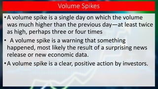 Volume Spikes
•A volume spike is a single day on which the volume
was much higher than the previous day—at least twice
as high, perhaps three or four times
• A volume spike is a warning that something
happened, most likely the result of a surprising news
release or new economic data.
•A volume spike is a clear, positive action by investors.
 