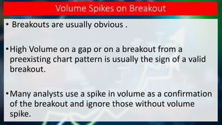 Volume Spikes on Breakout
• Breakouts are usually obvious .
•High Volume on a gap or on a breakout from a
preexisting chart pattern is usually the sign of a valid
breakout.
•Many analysts use a spike in volume as a confirmation
of the breakout and ignore those without volume
spike.
 