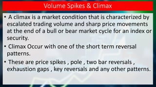 Volume Spikes & Climax
• A climax is a market condition that is characterized by
escalated trading volume and sharp price movements
at the end of a bull or bear market cycle for an index or
security.
• Climax Occur with one of the short term reversal
patterns.
• These are price spikes , pole , two bar reversals ,
exhaustion gaps , key reversals and any other patterns.
 