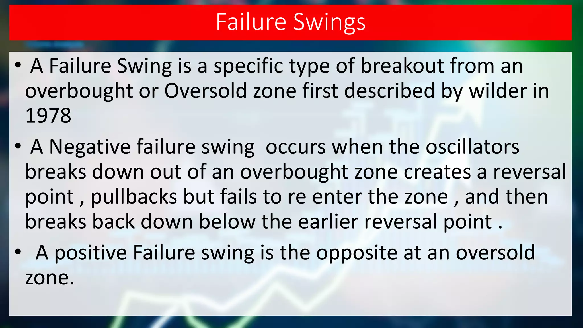 Failure Swings
• A Failure Swing is a specific type of breakout from an
overbought or Oversold zone first described by wilder in
1978
• A Negative failure swing occurs when the oscillators
breaks down out of an overbought zone creates a reversal
point , pullbacks but fails to re enter the zone , and then
breaks back down below the earlier reversal point .
• A positive Failure swing is the opposite at an oversold
zone.
 