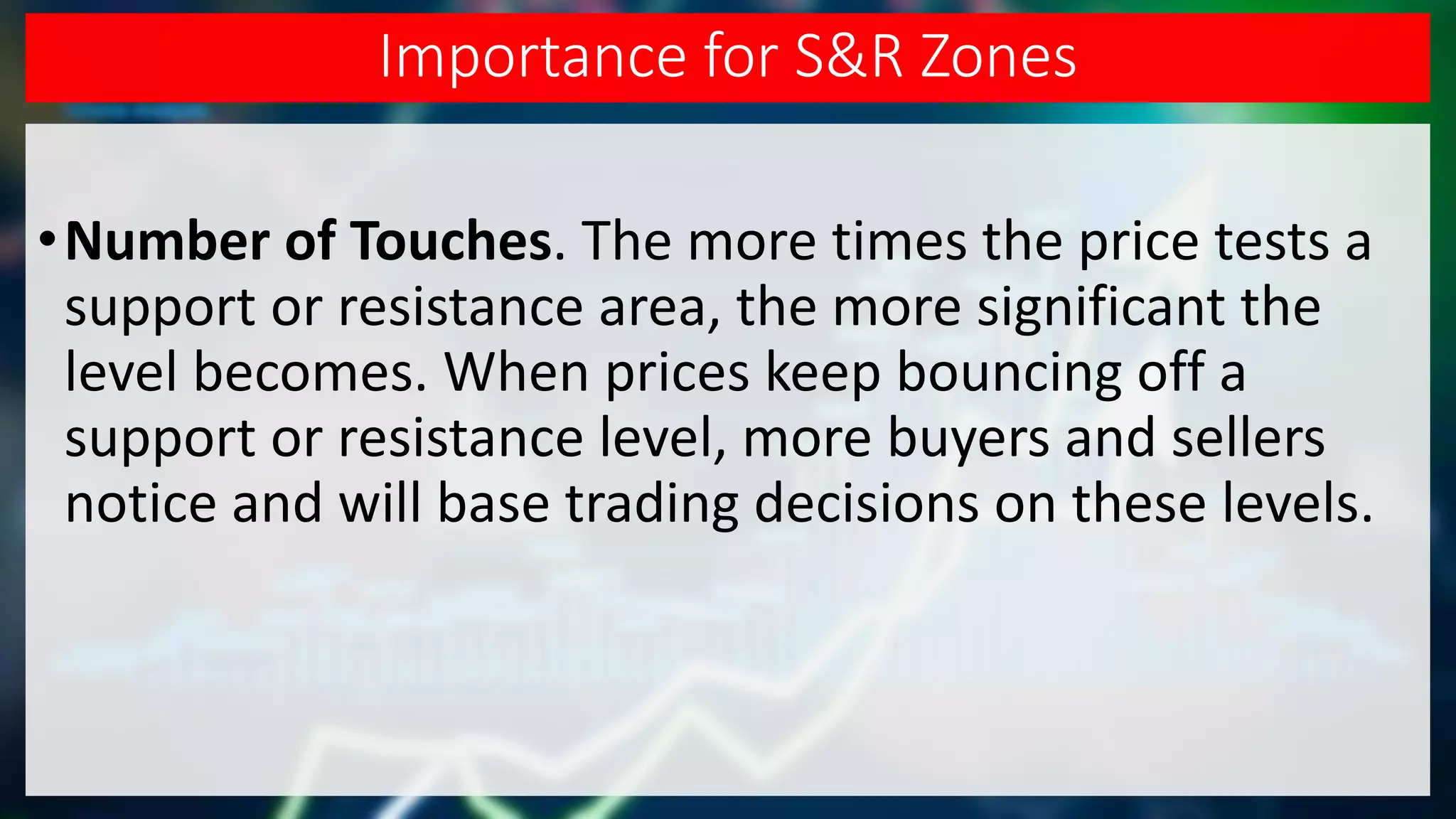 Importance for S&R Zones
•Number of Touches. The more times the price tests a
support or resistance area, the more significant the
level becomes. When prices keep bouncing off a
support or resistance level, more buyers and sellers
notice and will base trading decisions on these levels.
 