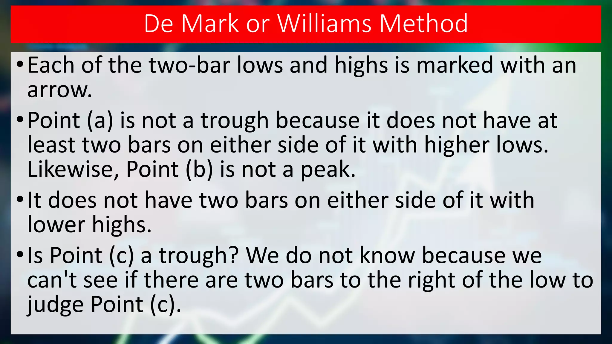 De Mark or Williams Method
•Each of the two-bar lows and highs is marked with an
arrow.
•Point (a) is not a trough because it does not have at
least two bars on either side of it with higher lows.
Likewise, Point (b) is not a peak.
•It does not have two bars on either side of it with
lower highs.
•Is Point (c) a trough? We do not know because we
can't see if there are two bars to the right of the low to
judge Point (c).
 