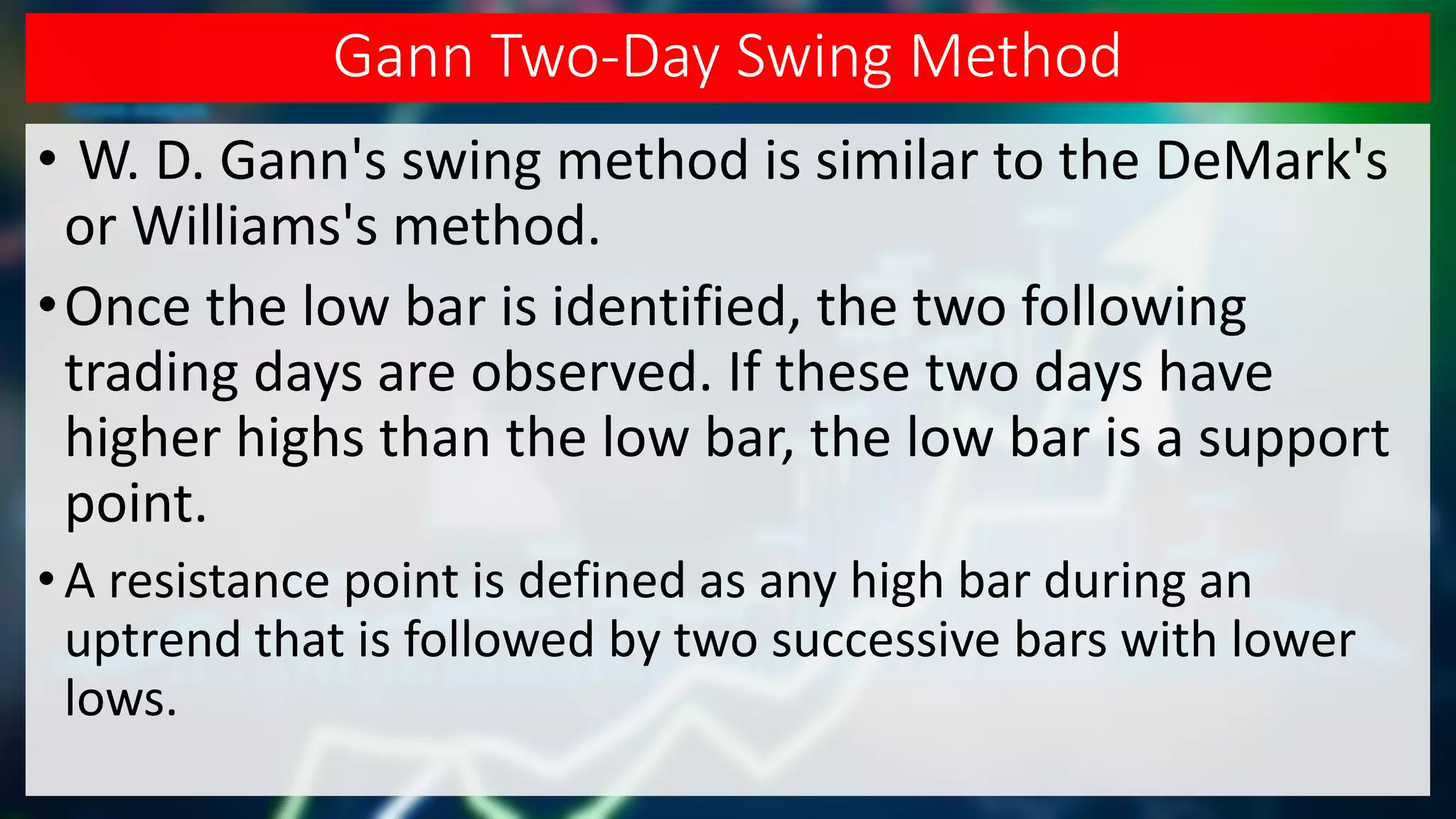 Gann Two-Day Swing Method
• W. D. Gann's swing method is similar to the DeMark's
or Williams's method.
•Once the low bar is identified, the two following
trading days are observed. If these two days have
higher highs than the low bar, the low bar is a support
point.
• A resistance point is defined as any high bar during an
uptrend that is followed by two successive bars with lower
lows.
 