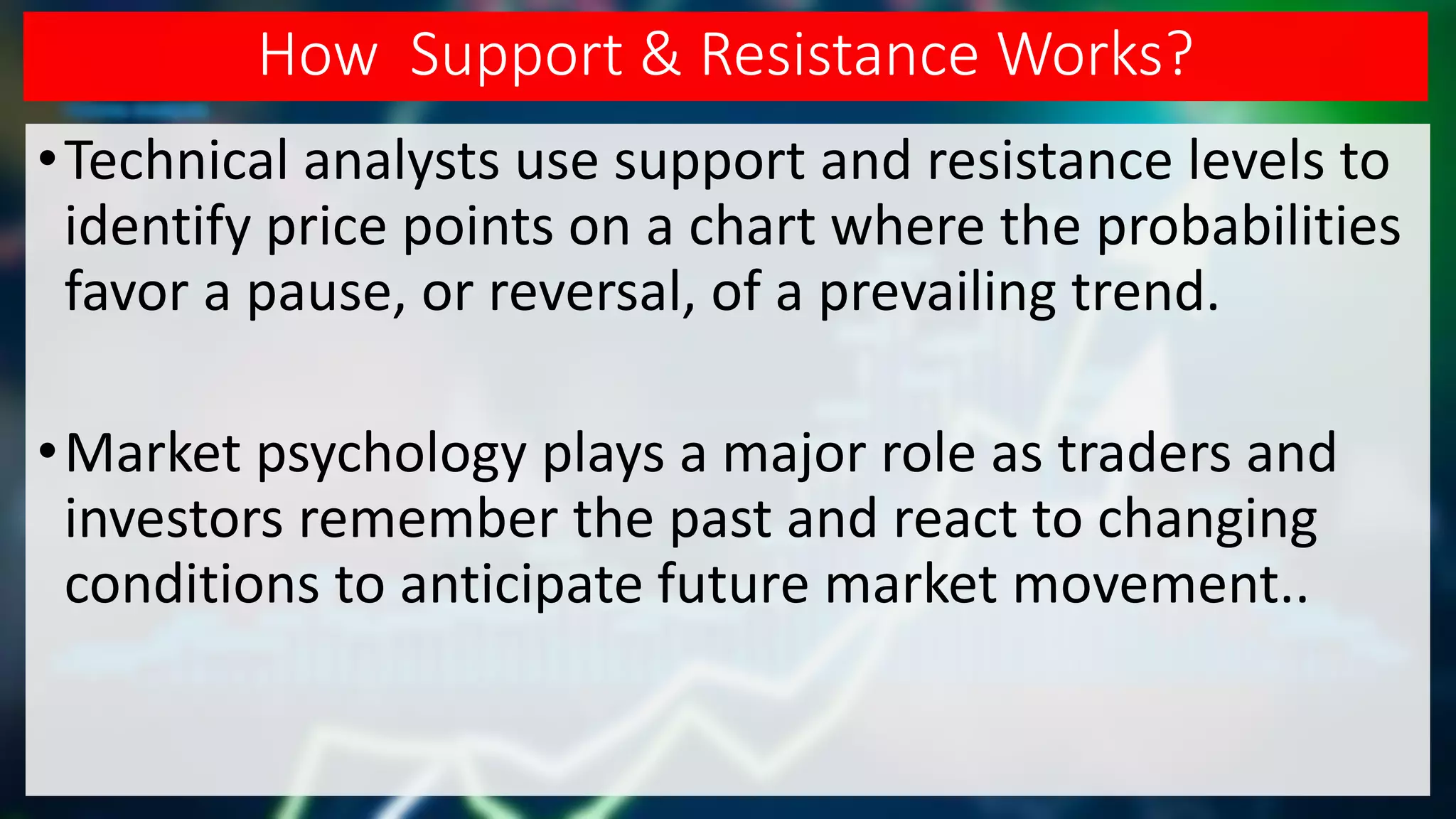 How Support & Resistance Works?
•Technical analysts use support and resistance levels to
identify price points on a chart where the probabilities
favor a pause, or reversal, of a prevailing trend.
•Market psychology plays a major role as traders and
investors remember the past and react to changing
conditions to anticipate future market movement..
 