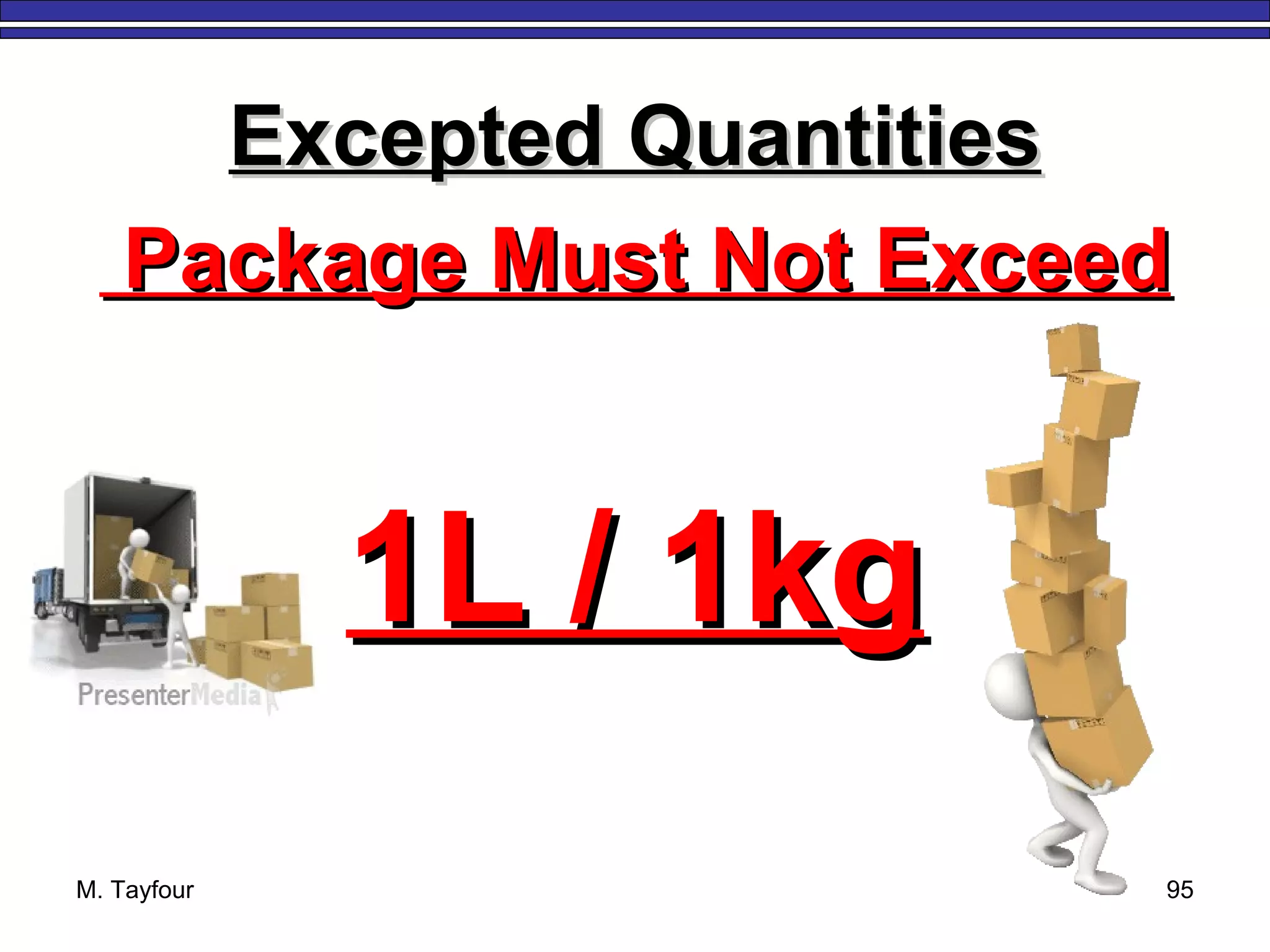 Excepted QuantitiesExcepted Quantities
Package Must Not ExceedPackage Must Not Exceed
1L / 1kg1L / 1kg
M. Tayfour 95
 