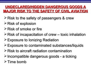 UNDECLARED/HIDDEN DANGEROUS GOODS AUNDECLARED/HIDDEN DANGEROUS GOODS A
MAJOR RISK TO THE SAFETY OF CIVIL AVIATIONMAJOR RISK TO THE SAFETY OF CIVIL AVIATION
 Risk to the safety of passengers & crewRisk to the safety of passengers & crew
 Risk of explosionRisk of explosion
 Risk of smoke or fireRisk of smoke or fire
 Risk of incapacitation of crew – toxic inhalationRisk of incapacitation of crew – toxic inhalation
 Exposure to Ionizing RadiationExposure to Ionizing Radiation
 Exposure to contaminated substances/liquidsExposure to contaminated substances/liquids
 Risk to aircraft radiation contaminationRisk to aircraft radiation contamination
 Incompatible dangerous goods - a tickingIncompatible dangerous goods - a ticking
 Time bombTime bomb
 