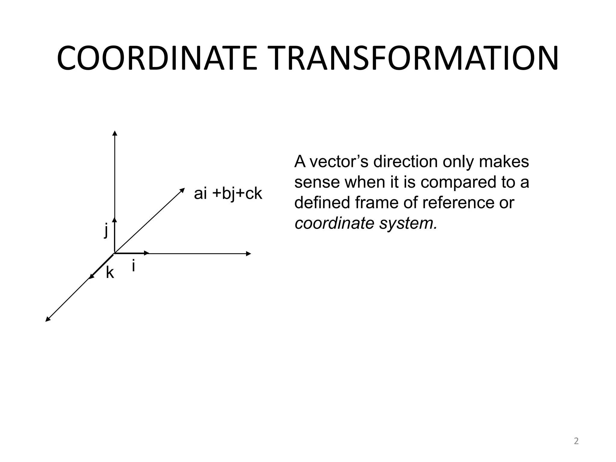 2
COORDINATE TRANSFORMATION
ik
j
ai +bj+ck
A vector‟s direction only makes
sense when it is compared to a
defined frame of reference or
coordinate system.
 